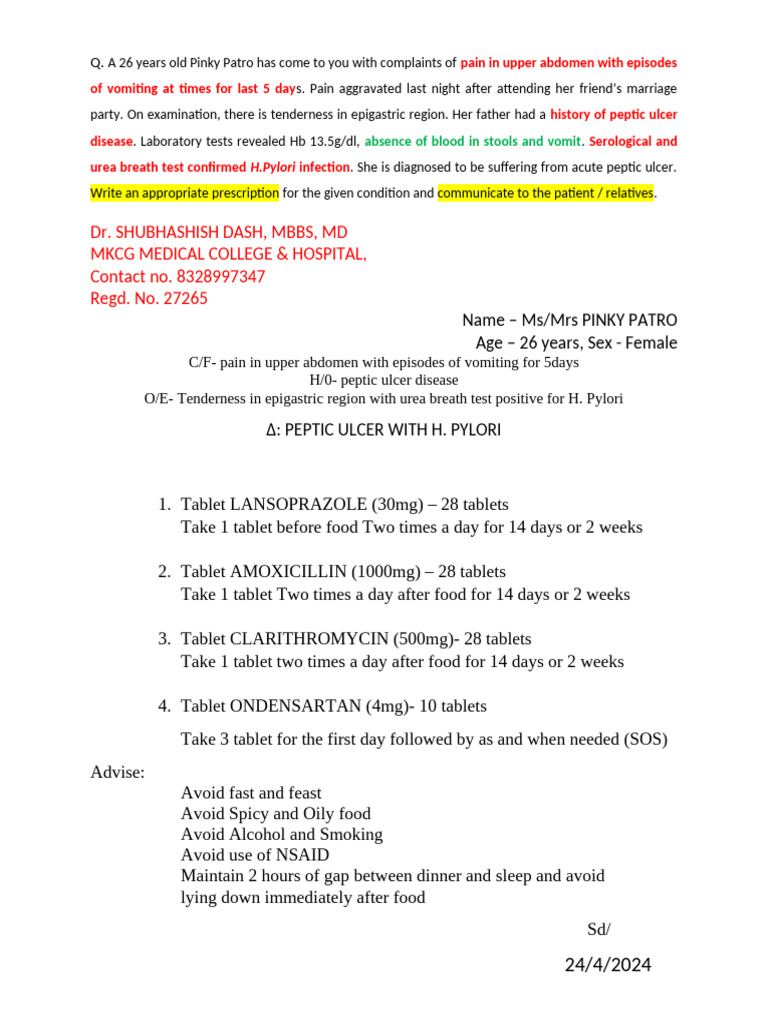 Prescription for Acute Peptic Ulcer | PDF