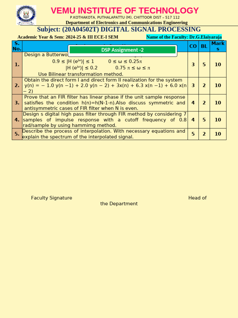 Iii ece i sem dsp assignment questions ii 2024 25 pdf
