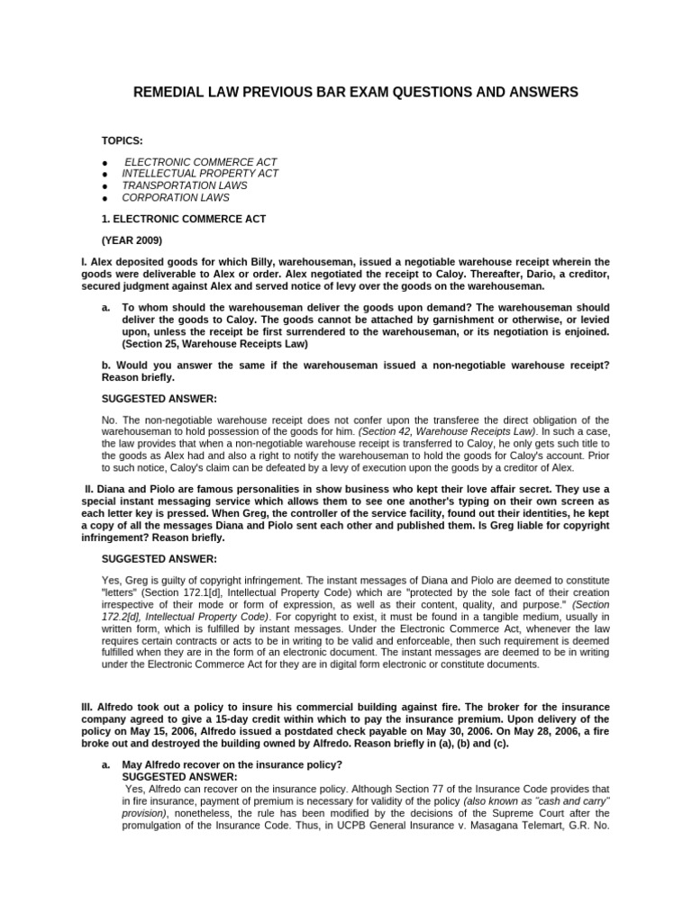 REMEDIAL LAW PREVIOUS BAR EXAM QUESTIONS AND ANSWERS | PDF | Patent ...