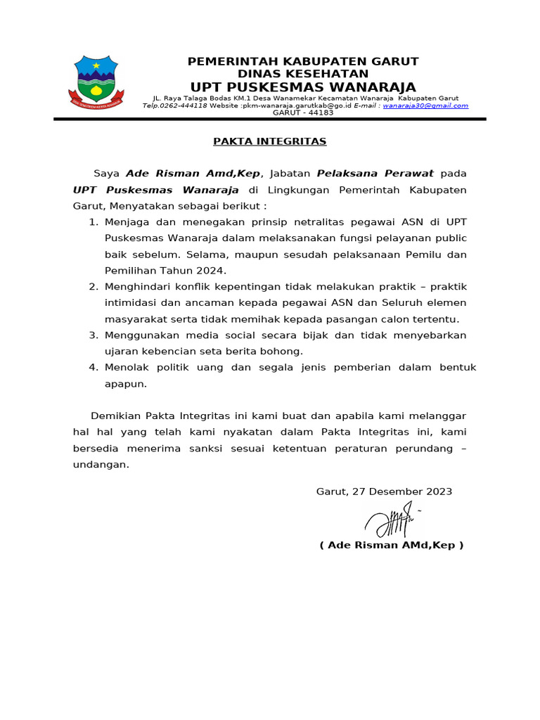 Fakta Integritas Perorangan PKM Wanaraja 2023 | PDF