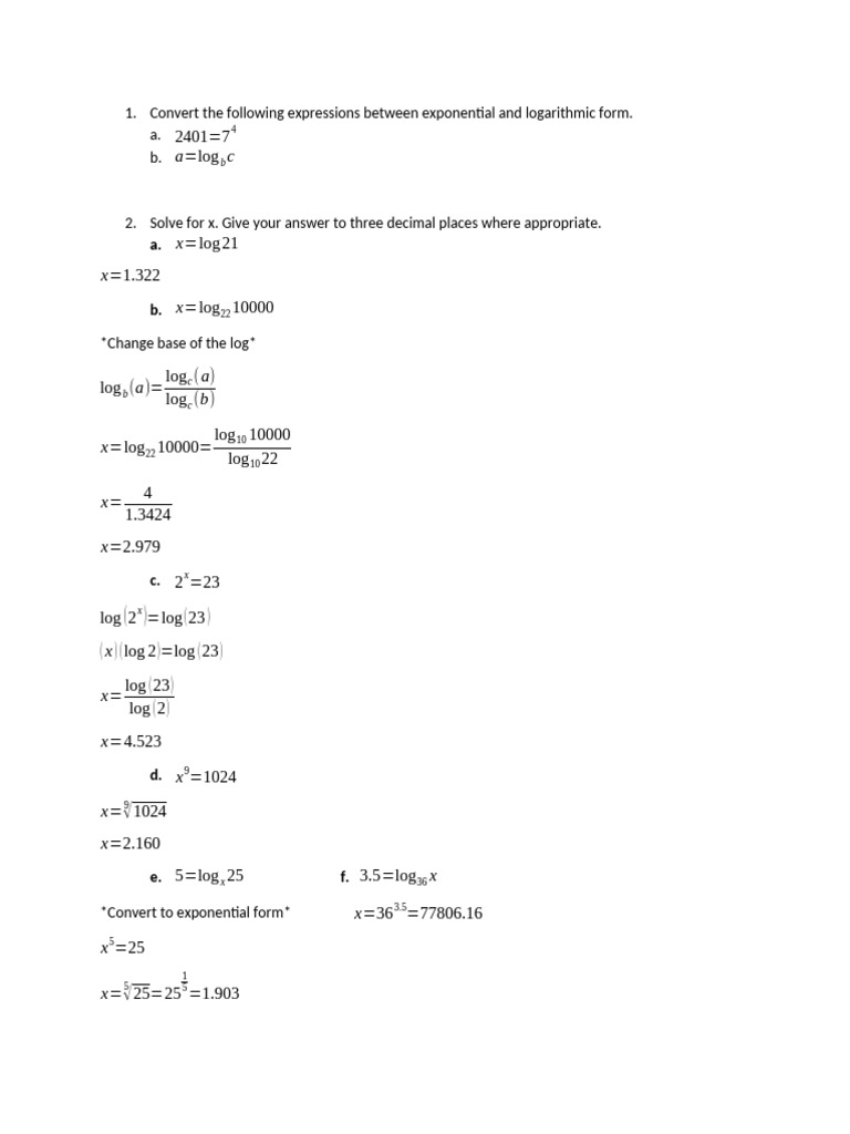 Convert The Following Expressions Between Exponential and Logarithmic ...
