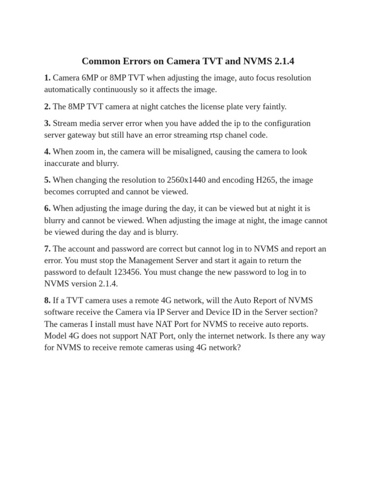 NVMS 2.1.4 Common Camera Errors | PDF