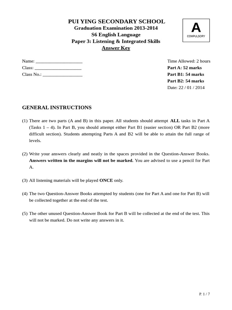 1314 S6 (1st Term) Paper 3 Graduation Exam (Part A Key) | PDF ...