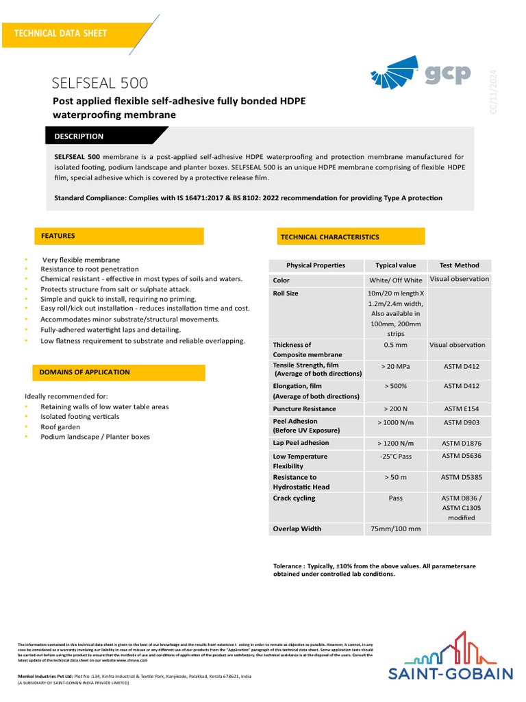 TDS - SELFSEAL 500 | PDF | Materials | Building Engineering