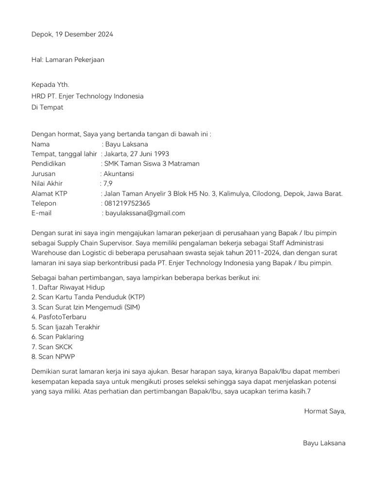 Lamaran Pekerjaan di PT Enjer Technology | PDF