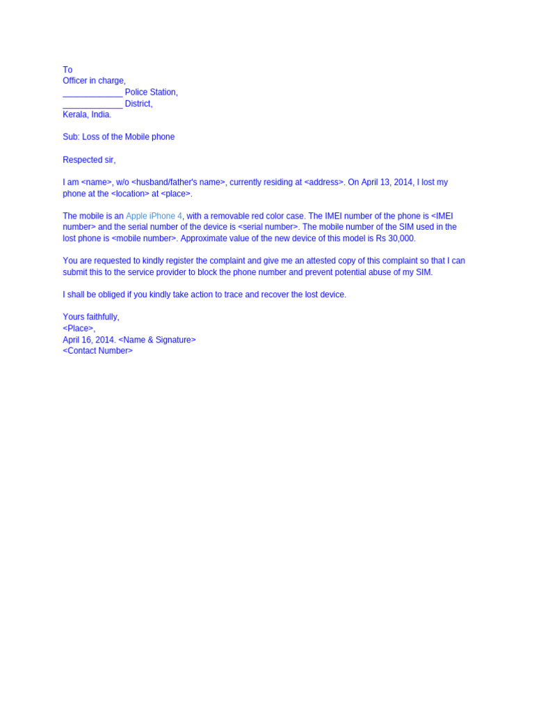 Mobile Phone Loss Complaint to Police | PDF