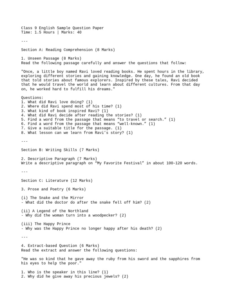 Class9 English Sample Paper Pdf