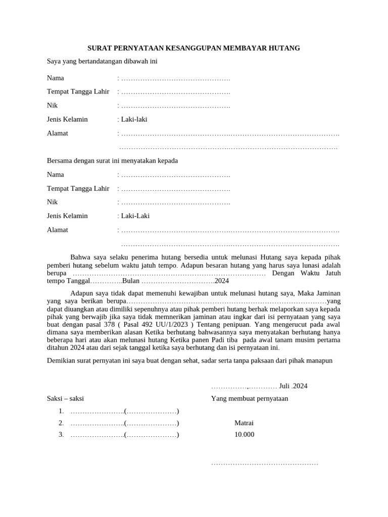 Surat Pernyataan Kesanggupan Membayar Hutang PDF