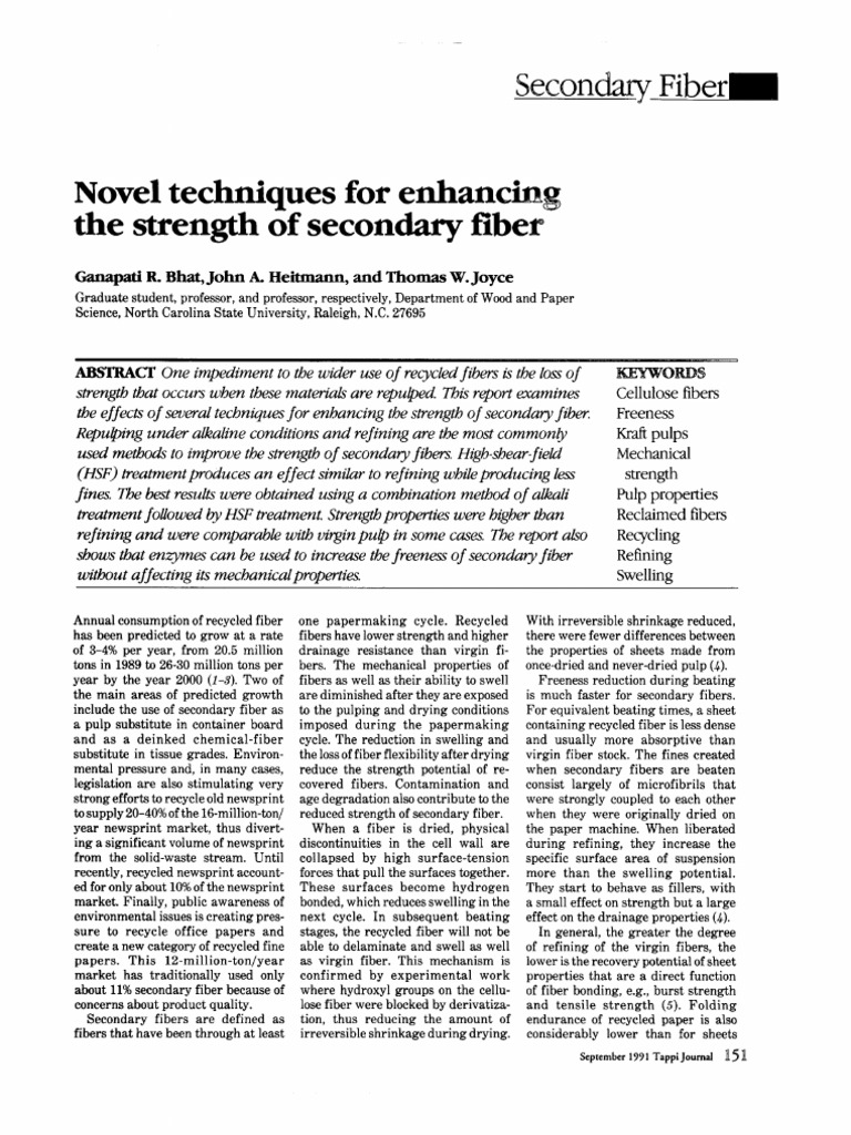 Novel Techniques For Enhancing The Strength of Secondary Fiber | PDF ...