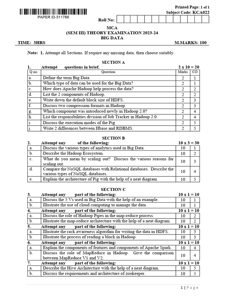 Big Data Exam Paper MCA SEM III | PDF | Apache Hadoop | Map Reduce