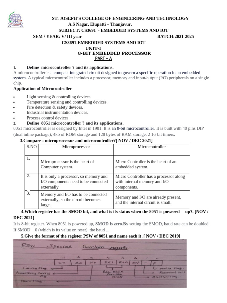 Emb 2 Marks-New | PDF | Microcontroller | Random Access Memory