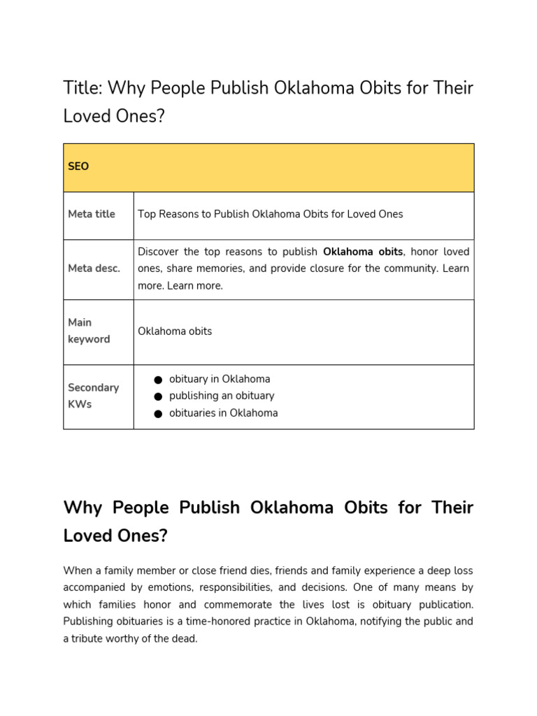 Top Reasons to Publish Oklahoma Obits PDF Funeral Grief
