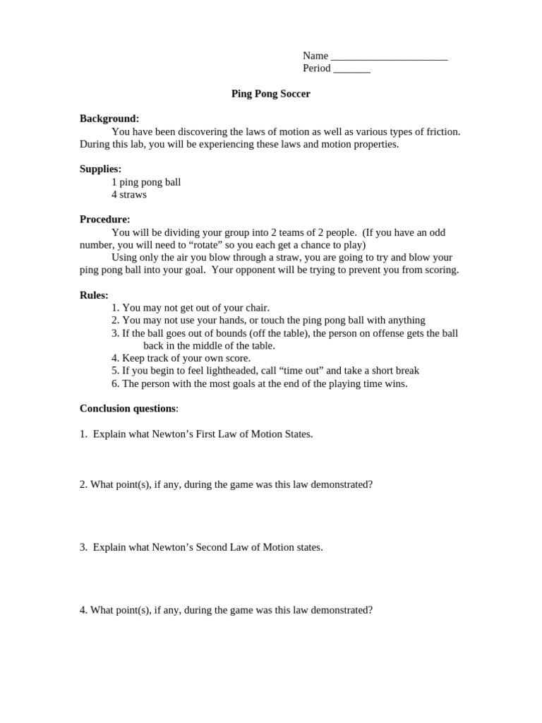 Ping Pong Soccer Lab on Motion Laws | PDF