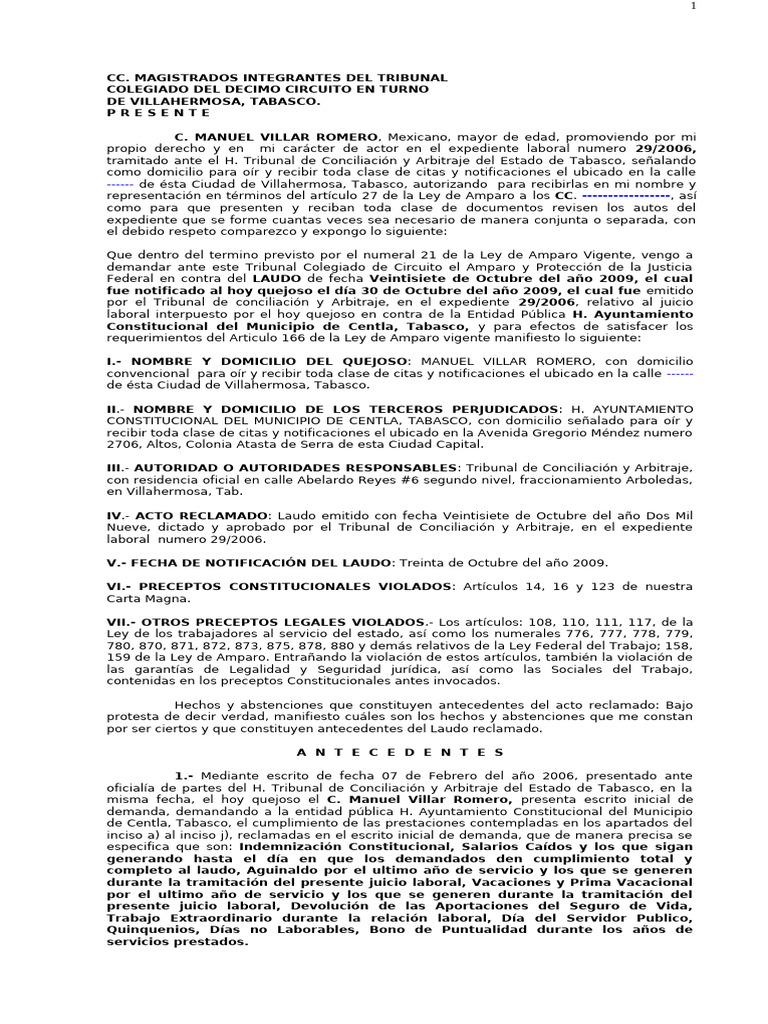 Amparo Laboral de Manuel Villar Romero | PDF | Caso de ley | Derecho ...