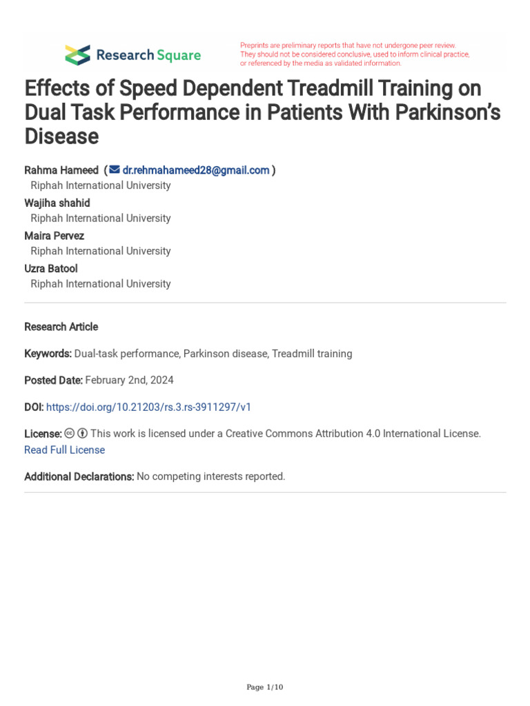 Effects of Speed Dependent Treadmill Training On D | PDF | Parkinson's ...