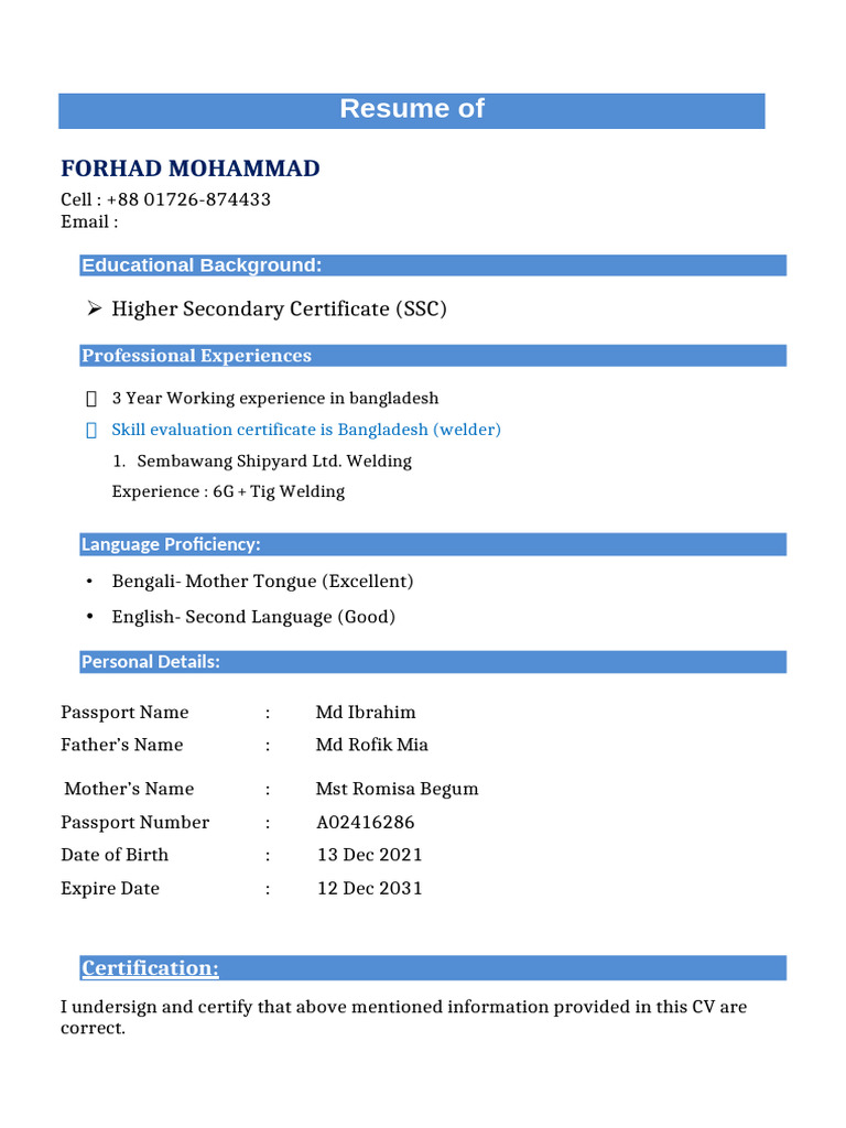 Resume Of: Forhad Mohammad | PDF