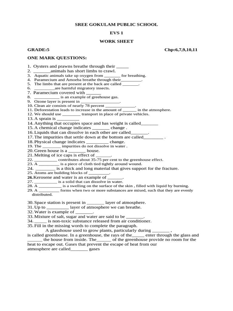 Evs 1 Work Sheet Pdf Water Atmosphere Of Earth