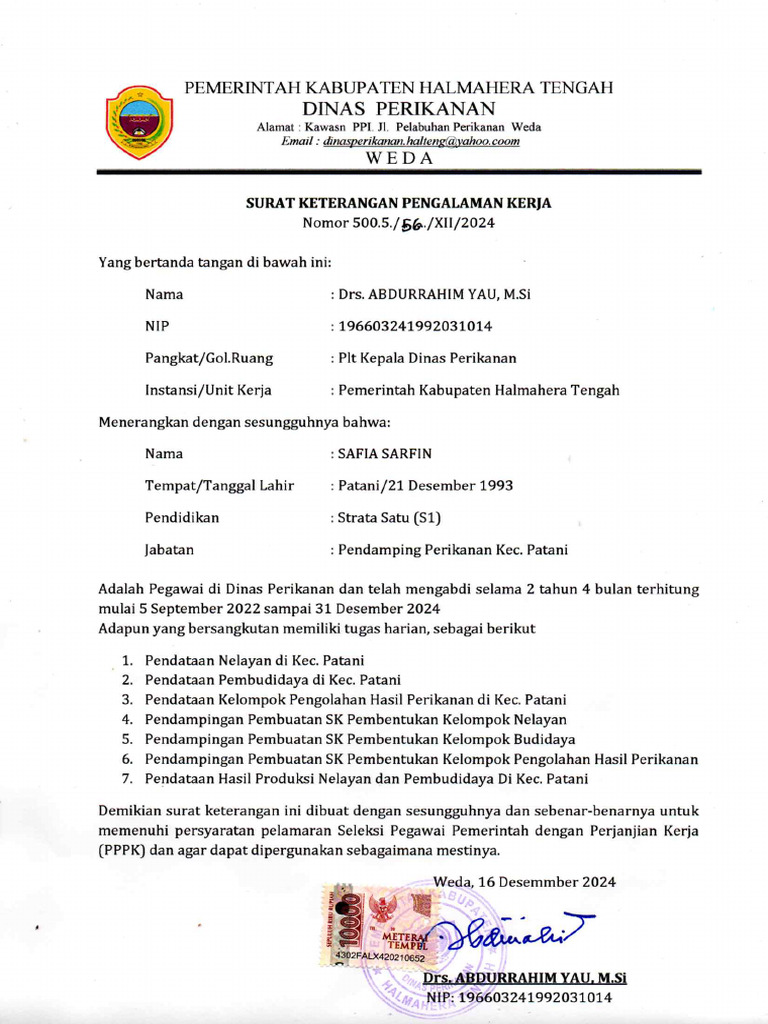 Surat Keterangan Pengalam Kerja Safia | PDF