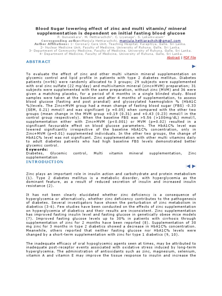 Blood Sugar Lowering Effect of Zinc and Multi Vitamin/ Mineral