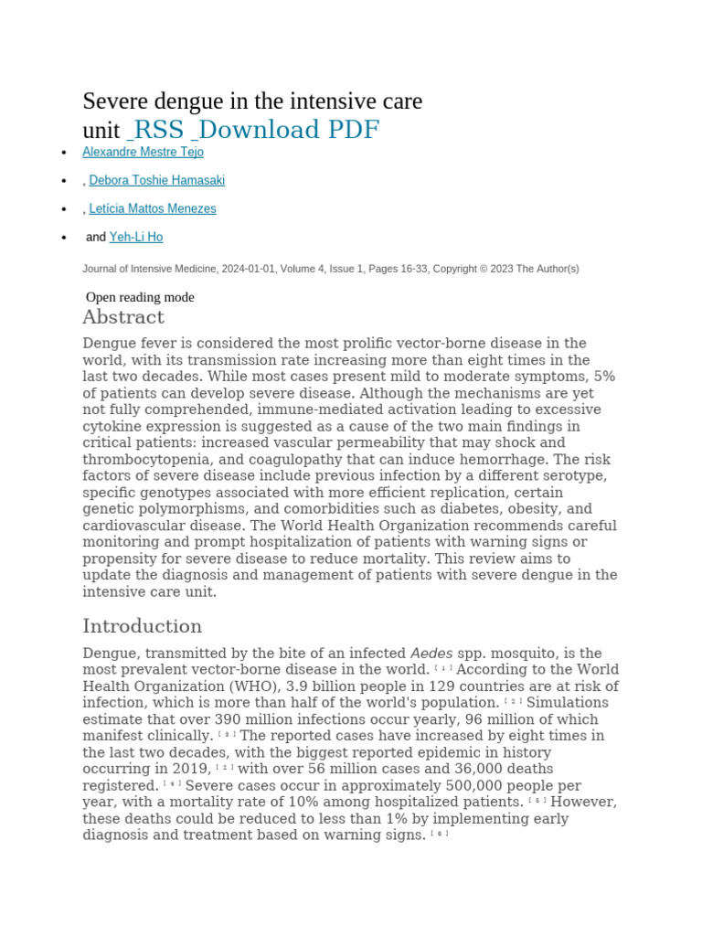 Severe Dengue in The Intensive Care Unit 2024 | PDF | Endothelium ...