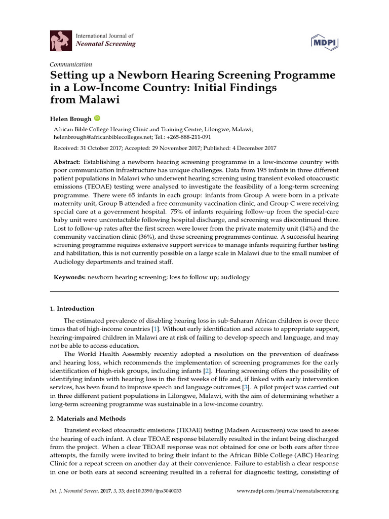 Newborn Hearing Screening in Malawi | PDF | Hearing Loss | Hearing