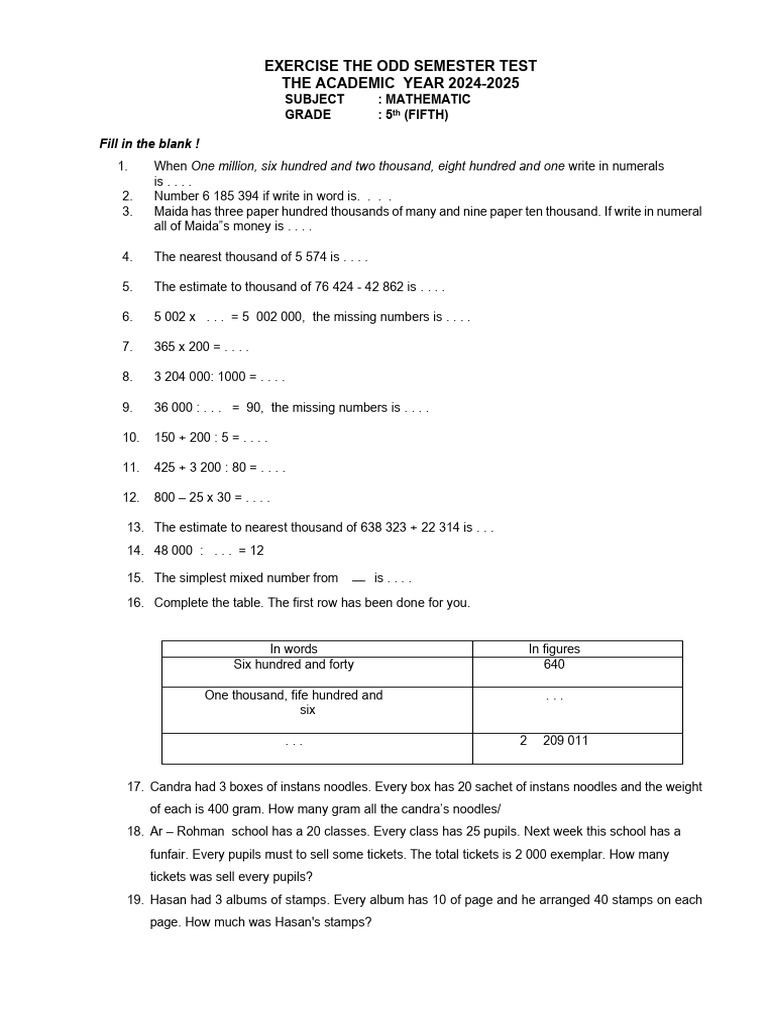 LATIHAN SAS MATH SSI kls 5 2024 | PDF | Numbers | Elementary Mathematics