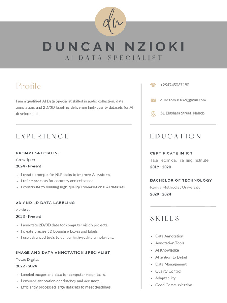 AI Data Specialist CV Template | PDF