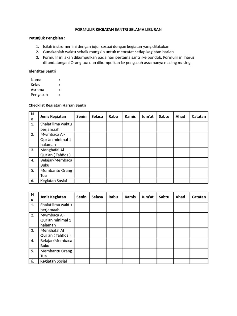 Formulir Kegiatan Liburan Santri | PDF