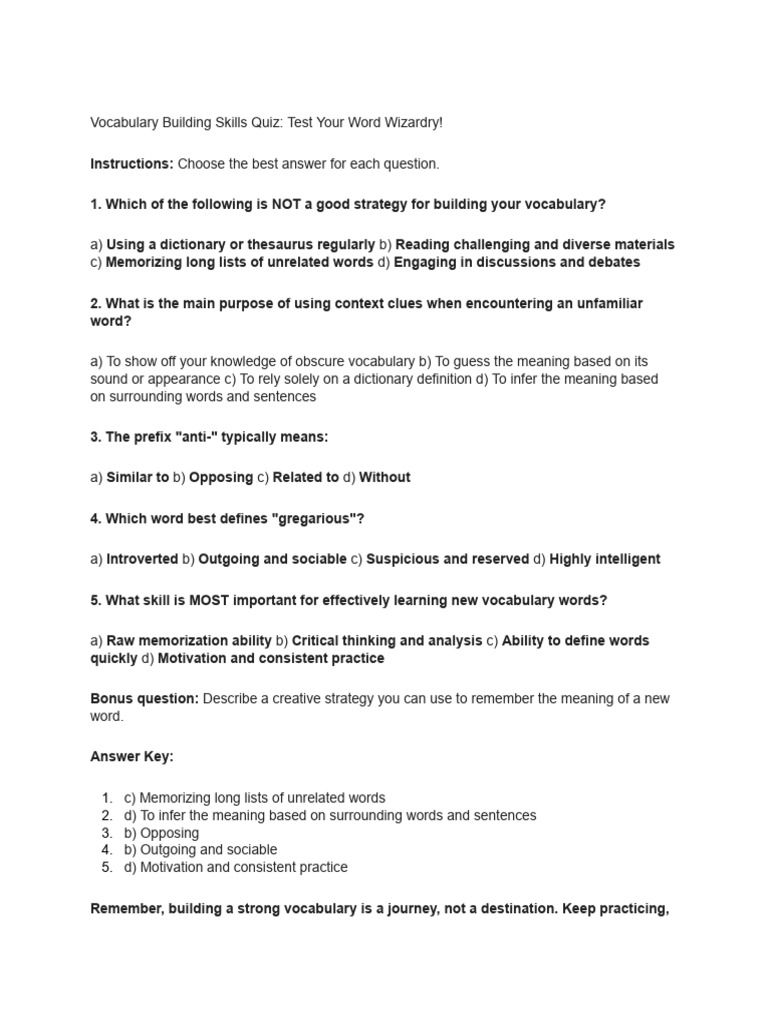 Vocabulary Skills Quiz for Word Mastery | PDF