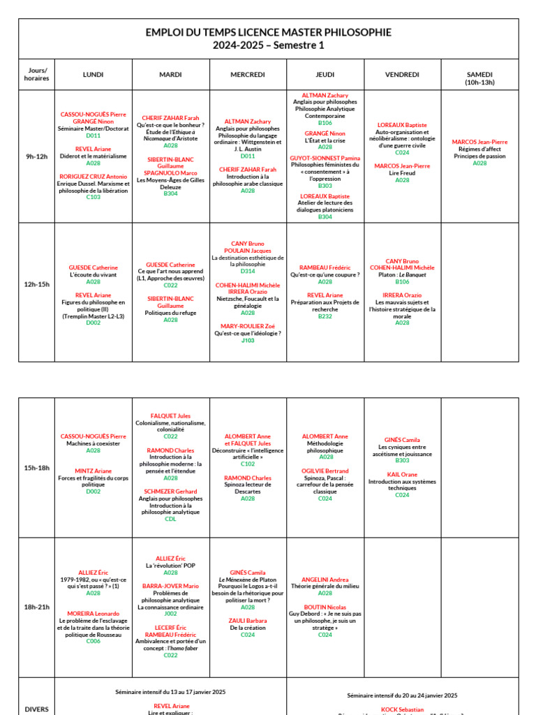 Emploi Du Temps Licence Master Philosophie - 2024 - 2025 s1 | PDF ...