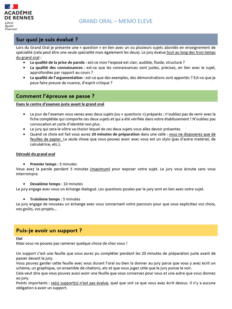 Guide du Grand Oral : Évaluation et Déroulé | PDF
