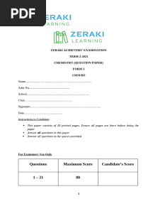 Chemistry Form 3 - Zeraki Achievers 2.0 - - Question Paper