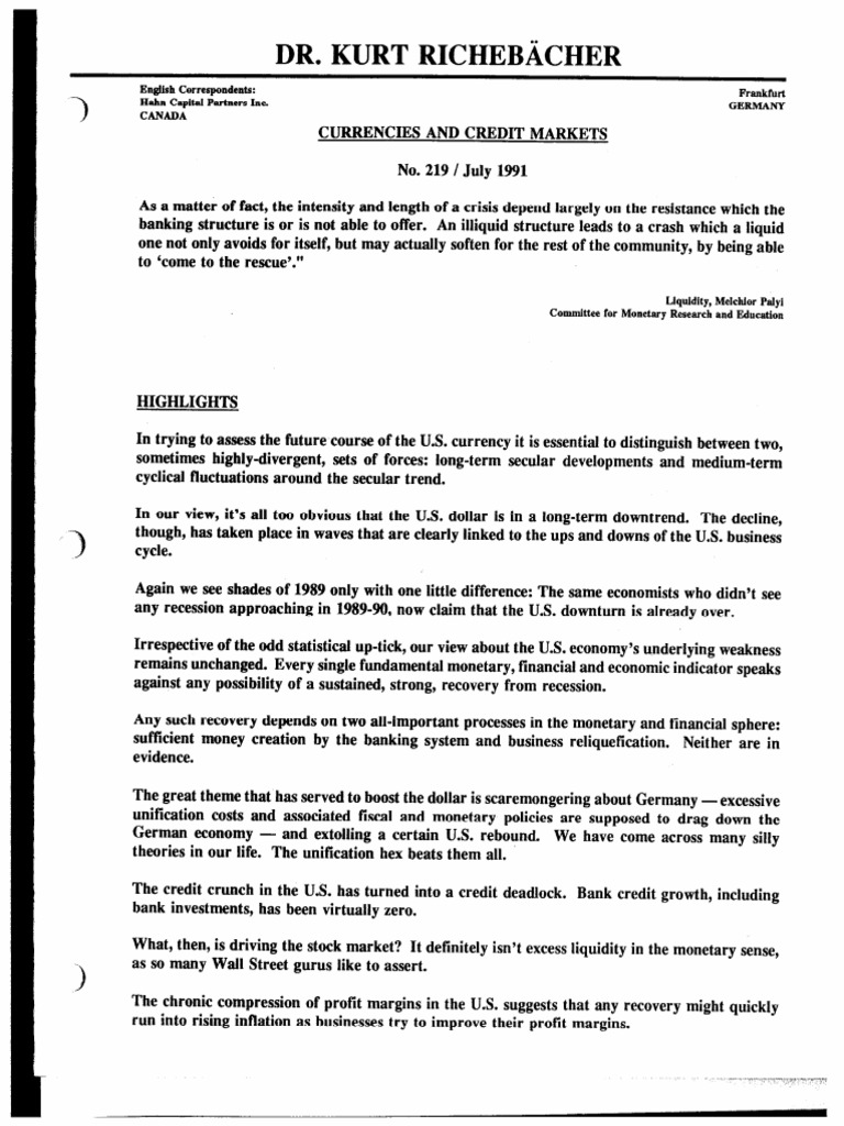 219 - The Richebacher Letter - July 1991, Nobody To Finance The U.S ...