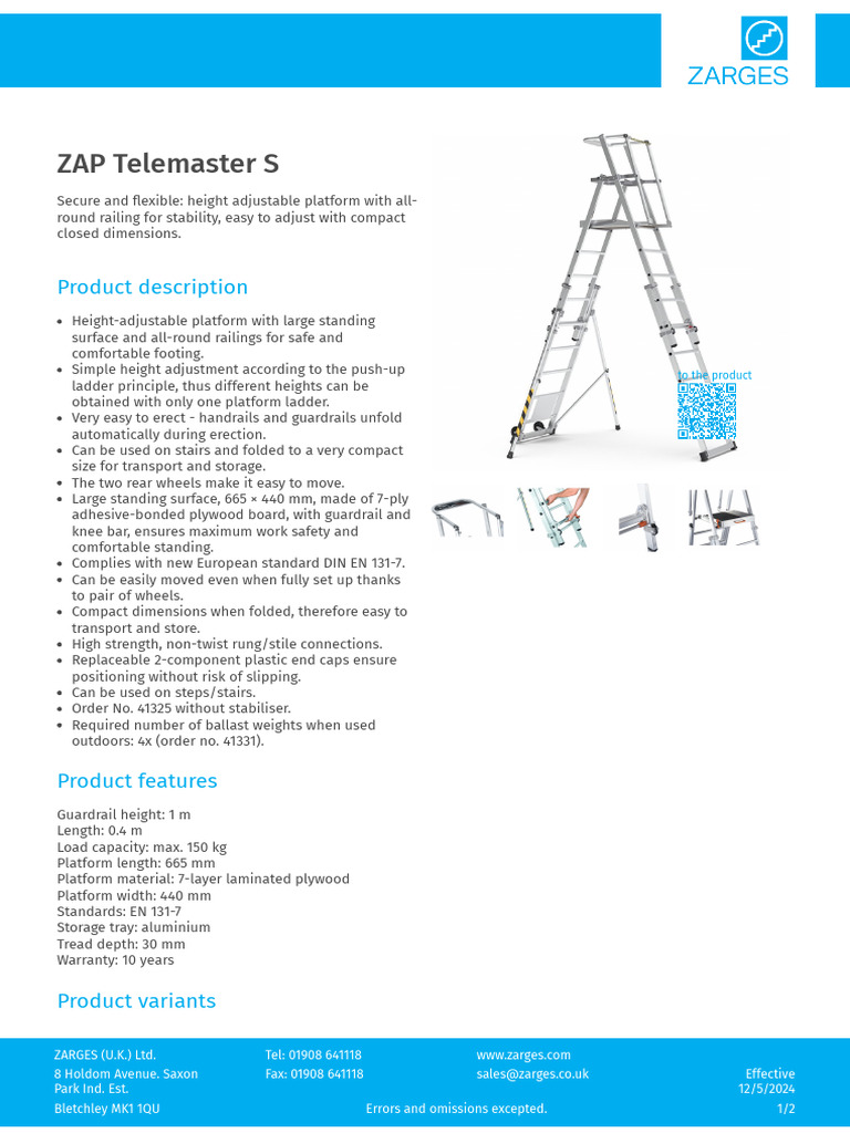Zarges ZAP Telescopic Work Platform, Z600 7 - 12 Rungs - Code