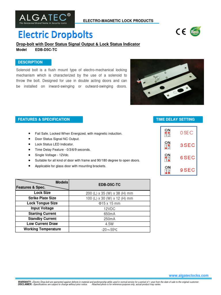 Electric Drop Bolt Lock EDB-D5C-TC Specs | PDF