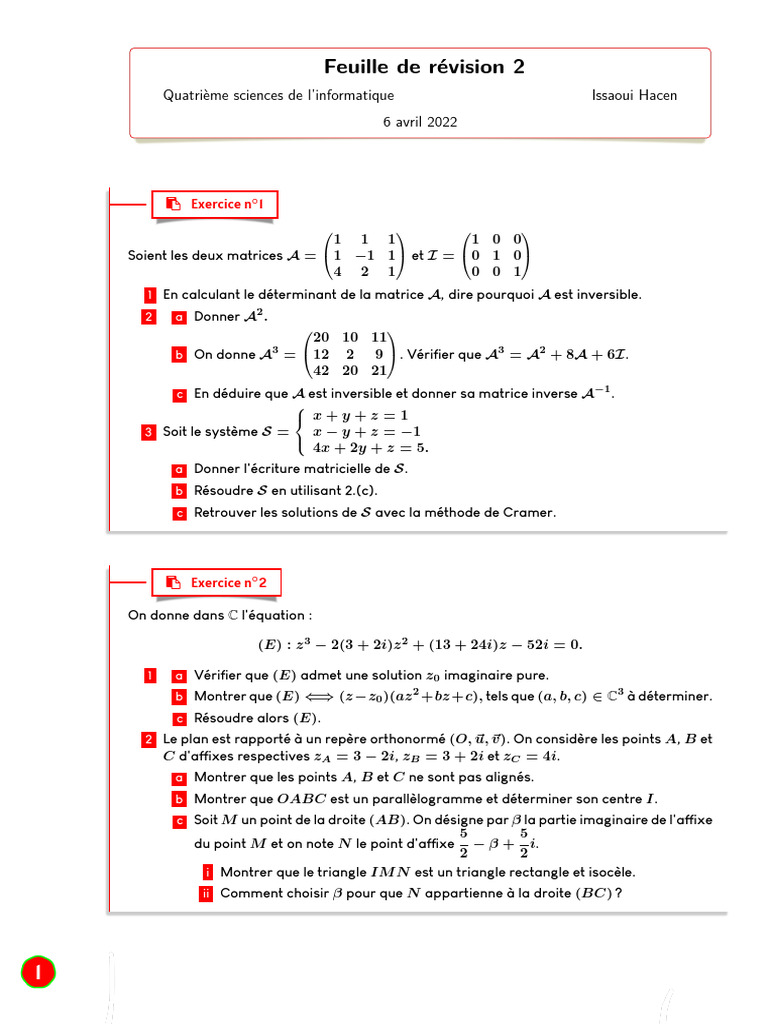 Exercices de Matrices pour Bac Info | PDF | Matrice (Mathématiques ...