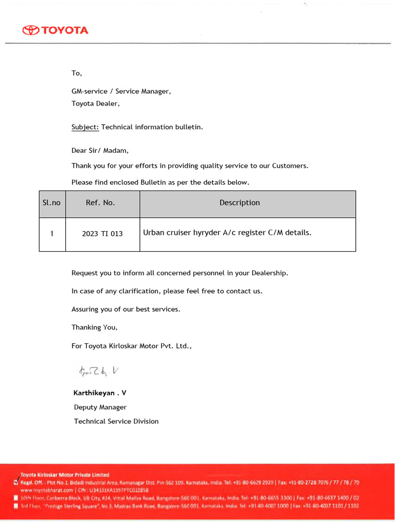 Toyota Hyryder A/C Register Bulletin | PDF | Motor Vehicle