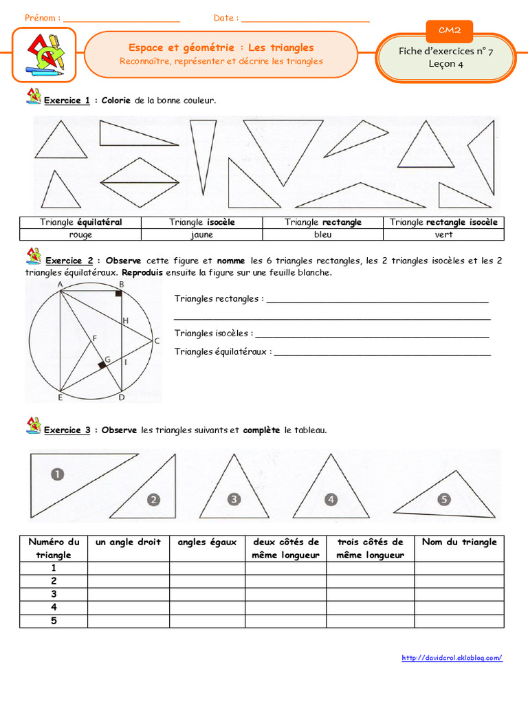 Fiche d'exercices sur les triangles CM2 | PDF