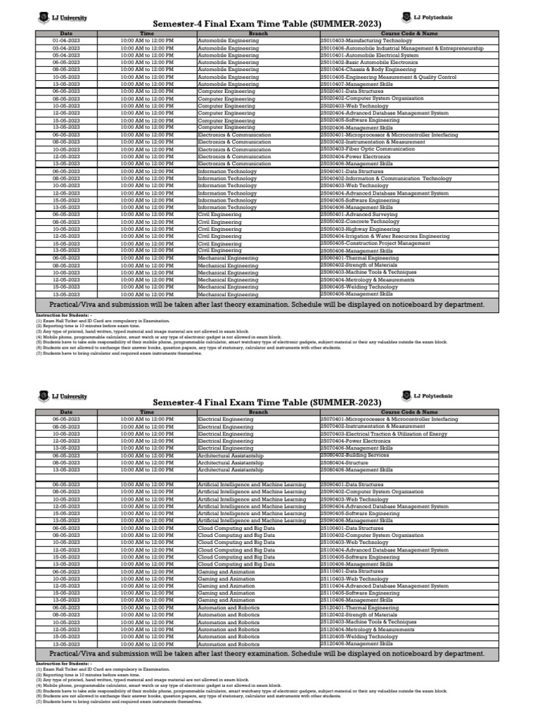 Semester-4 Exam Schedule Summer 2023 | PDF | Engineering | Computer ...