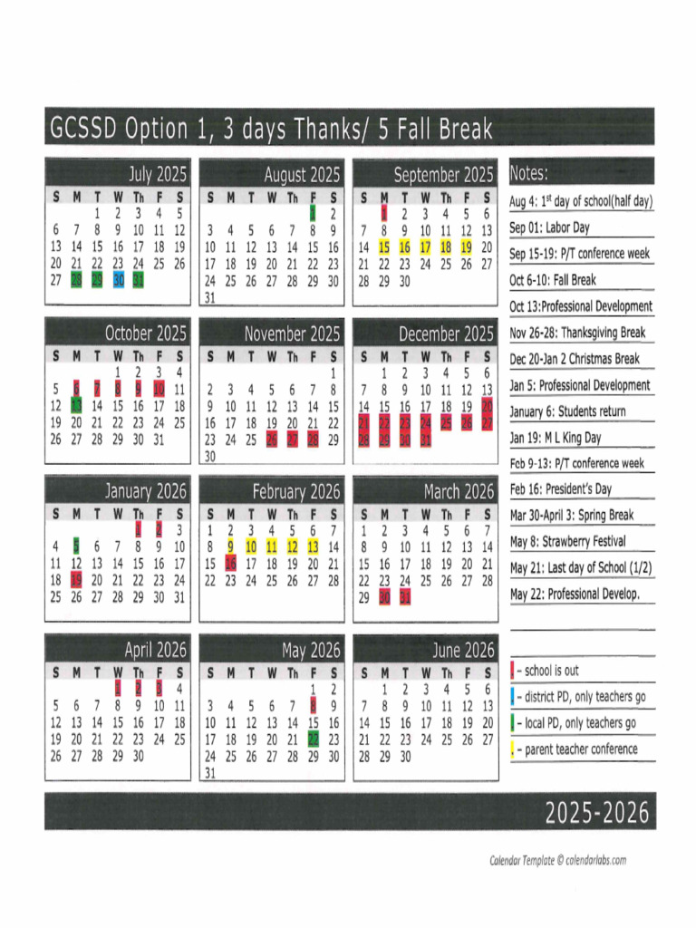 GCSSD 2025 2026 Calendar Grid View PDF