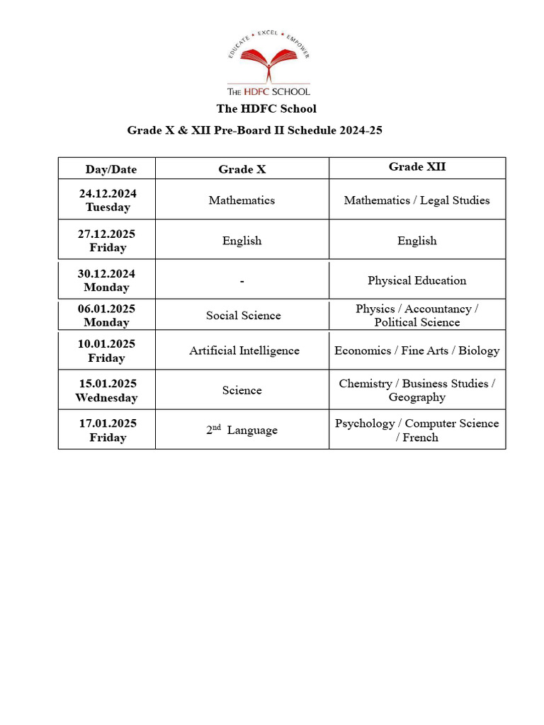 Pre Board II Grade X & XII Datesheet - 2024-1 | PDF