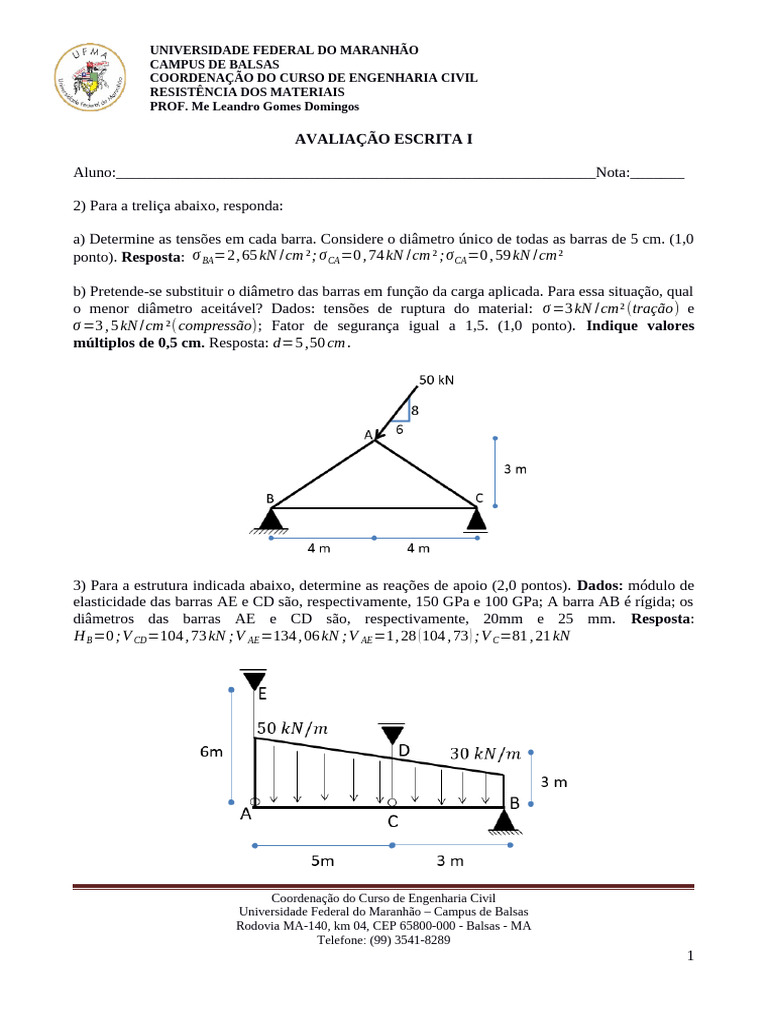 Avaliao_I_Resmat_2022_2_Alunos | PDF | Estresse (Mecânica) | Mecânica ...