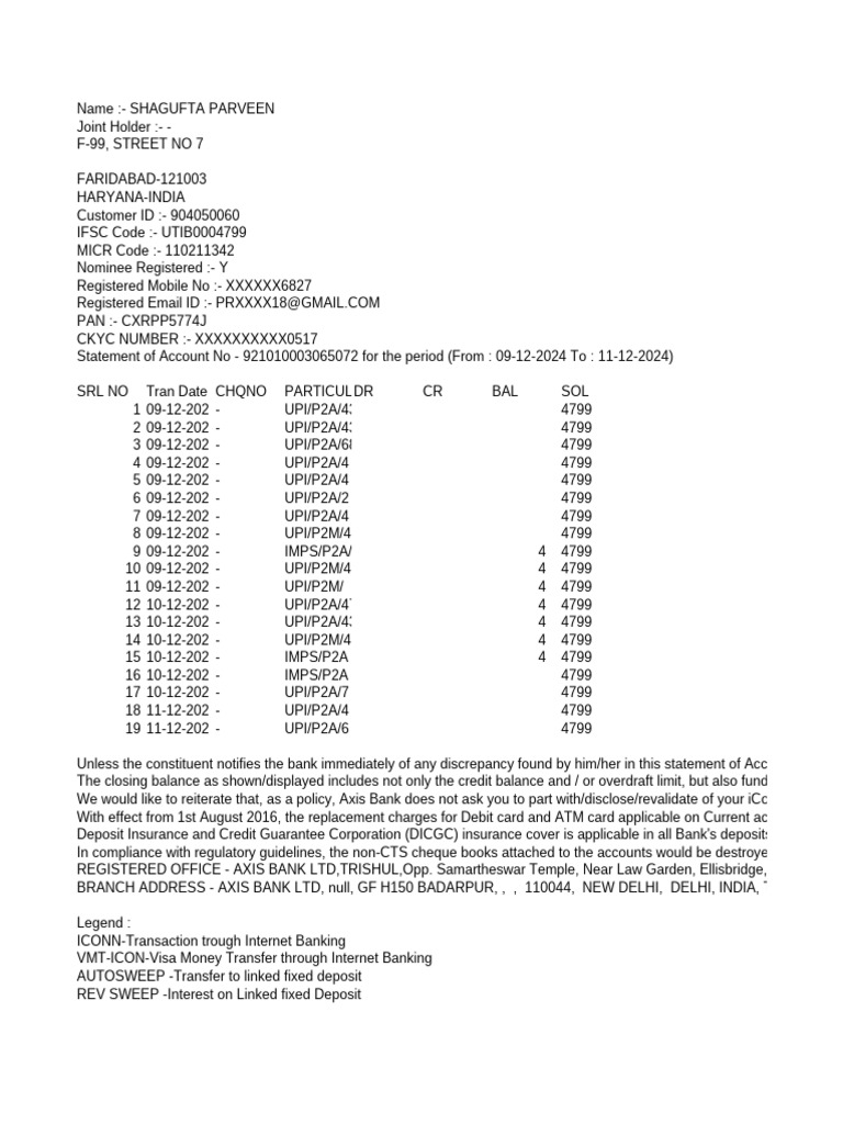Axis Bank Account Statement Details | PDF | Banks | Transaction Account