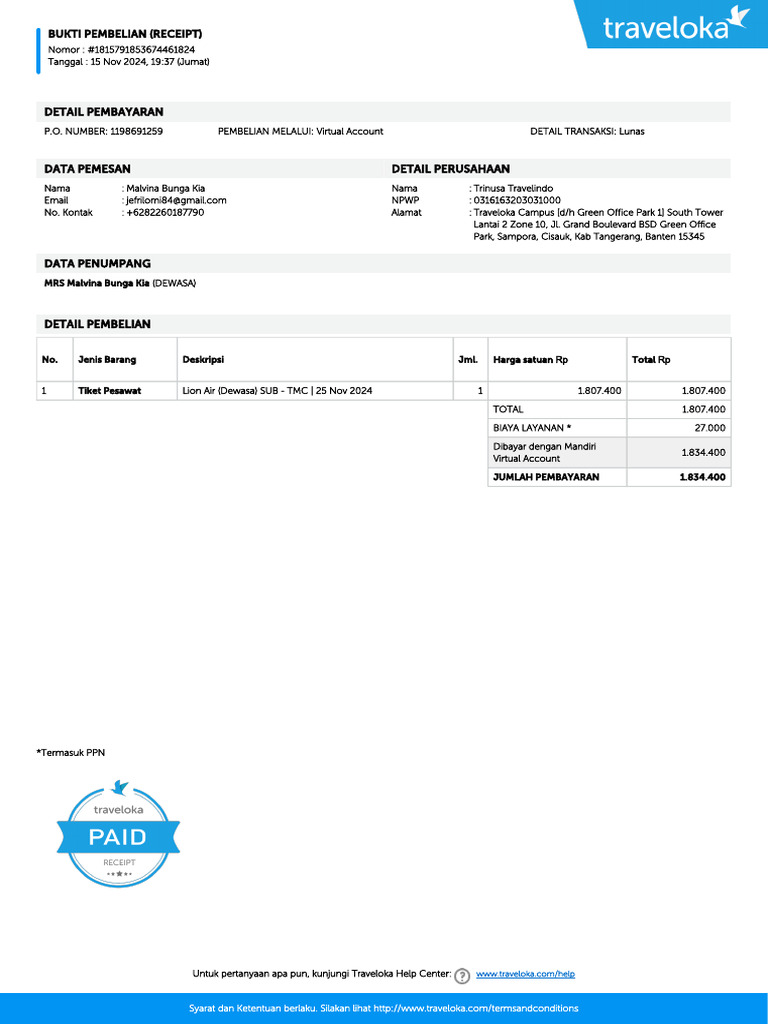 Bukti Pembelian Tiket Traveloka | PDF