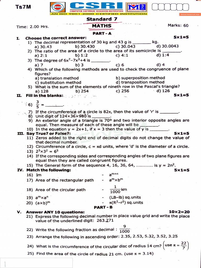 7th Maths Half Yearly Exam 2022 Original Question Paper Thenkasi ...