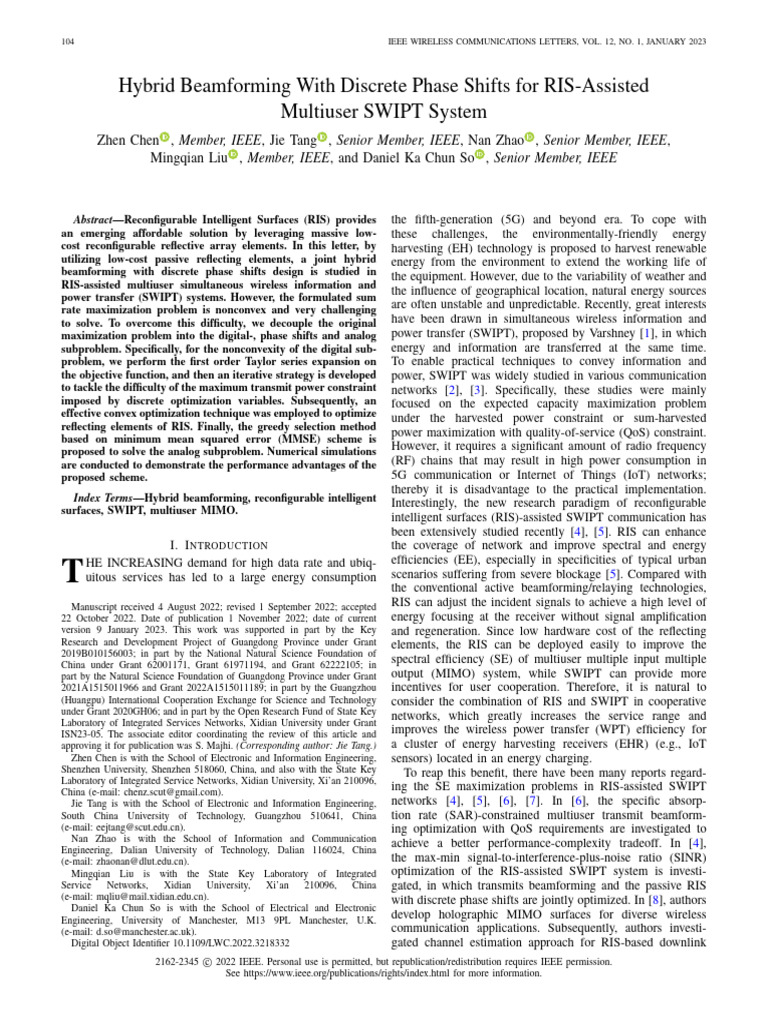 Hybrid Beamforming for RIS SWIPT Systems | PDF | Matrix (Mathematics ...