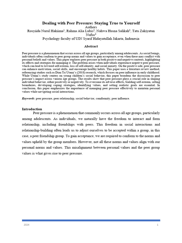 Dealing with peer pressure staying true to yourself pdf self esteem