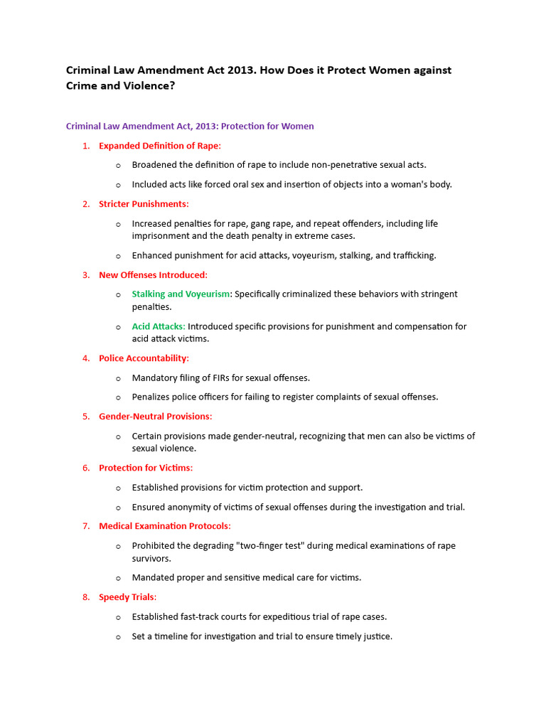 Criminal Law Amendment Act, 2013 and its impact on women. | PDF