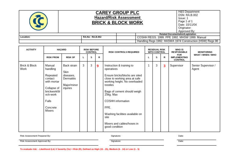 Brick & Block Work Risk Assessment | PDF | Risk | Workplace