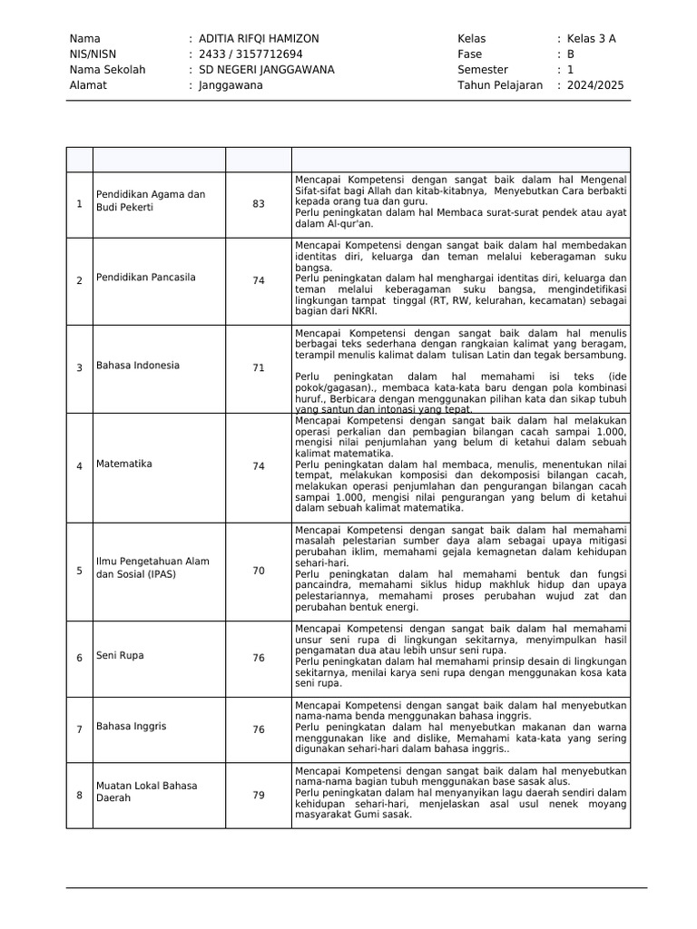 Laporan Hasil Belajar Aditia Hamizon | PDF